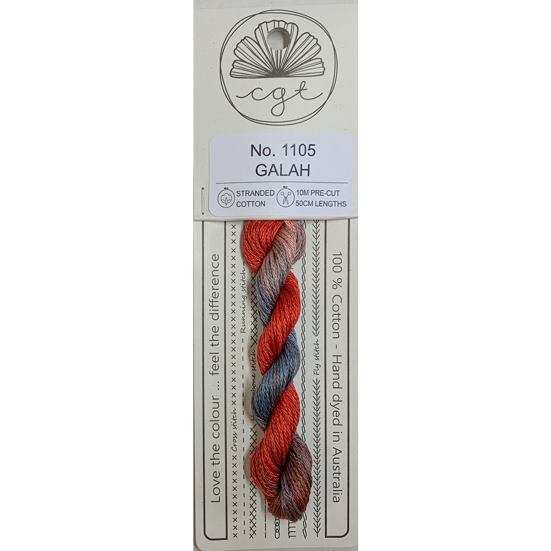 A packaged skein of GALAH embroidery thread from the brand Cottage Garden Threads, showing a twisted multicolor, varigated embroidery thread in red, blue, and gray on a white cardboard backing.