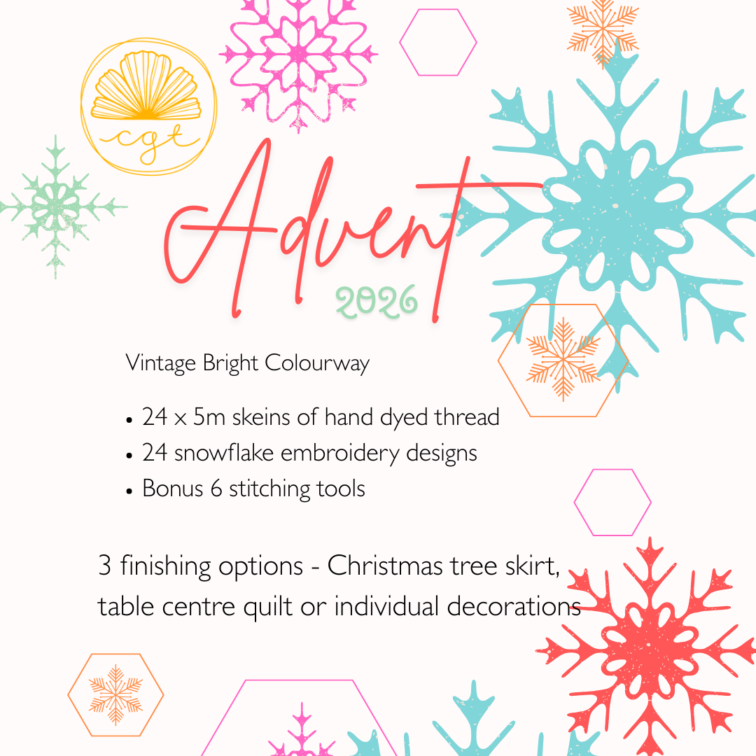 Advent 2026 thread kit with colorful snowflake designs and text on a white background