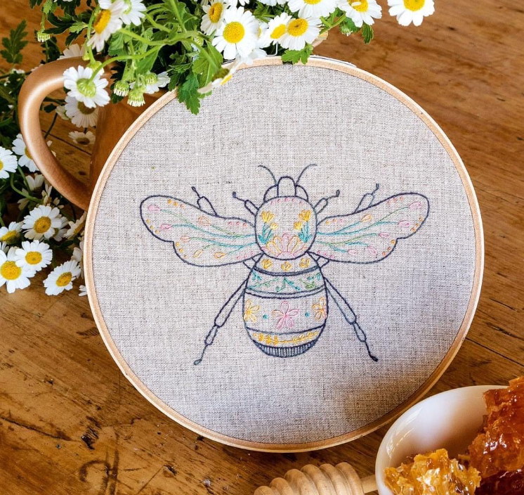 Completed embroidery work called Bee-utiful Stitchery by Amy Kallisa