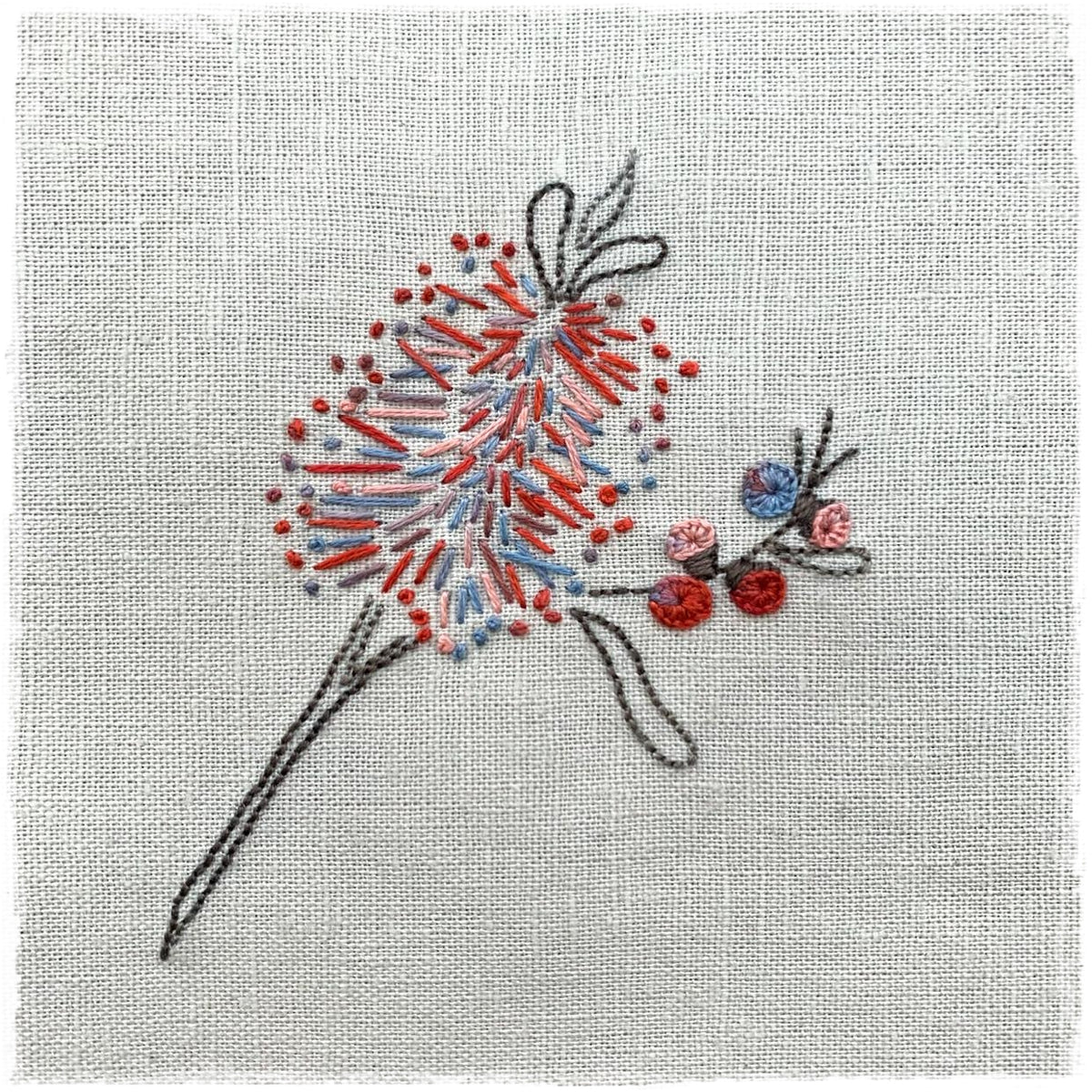 needlecraft pattern featuring a stylized bird and floral design on a linen background, intended for use as a quilting or embroidery project.