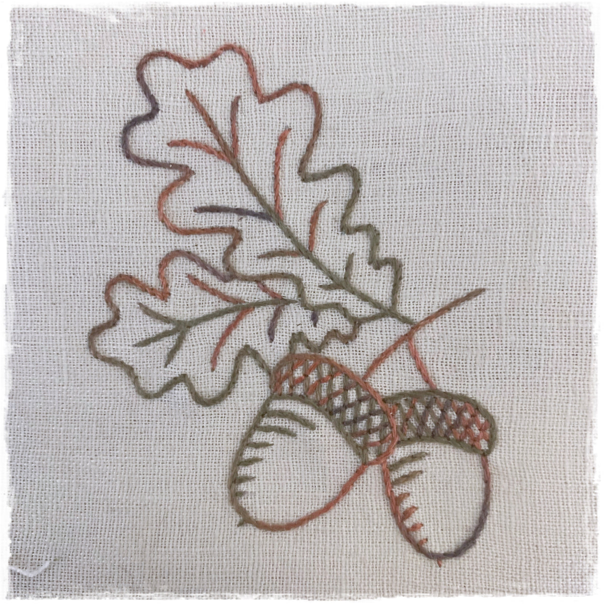 needlecraft pattern for a leaf and berries design on a linen background, to be used as a guide for stitching.