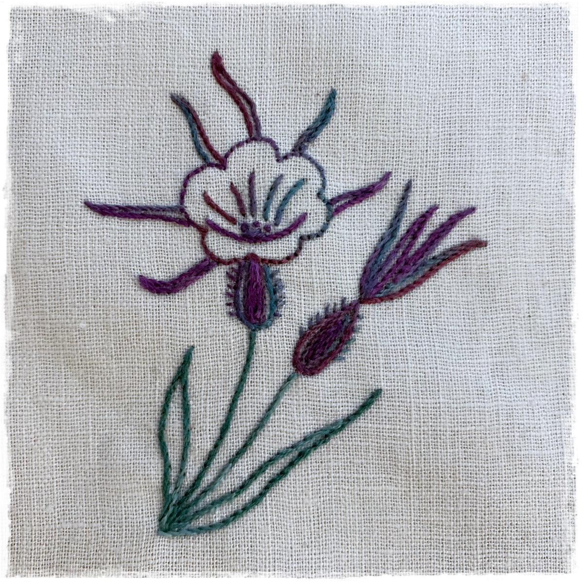 needlecraft pattern featuring an embroidered design of a flower and its seed pods on a linen background.