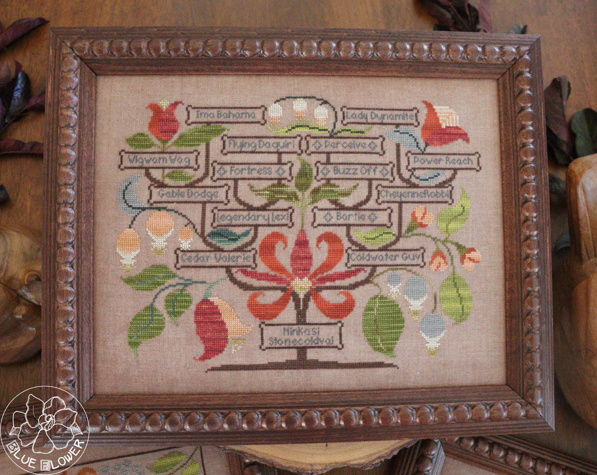 framed cross-stitch piece featuring a colorful family tree with embroidered names
