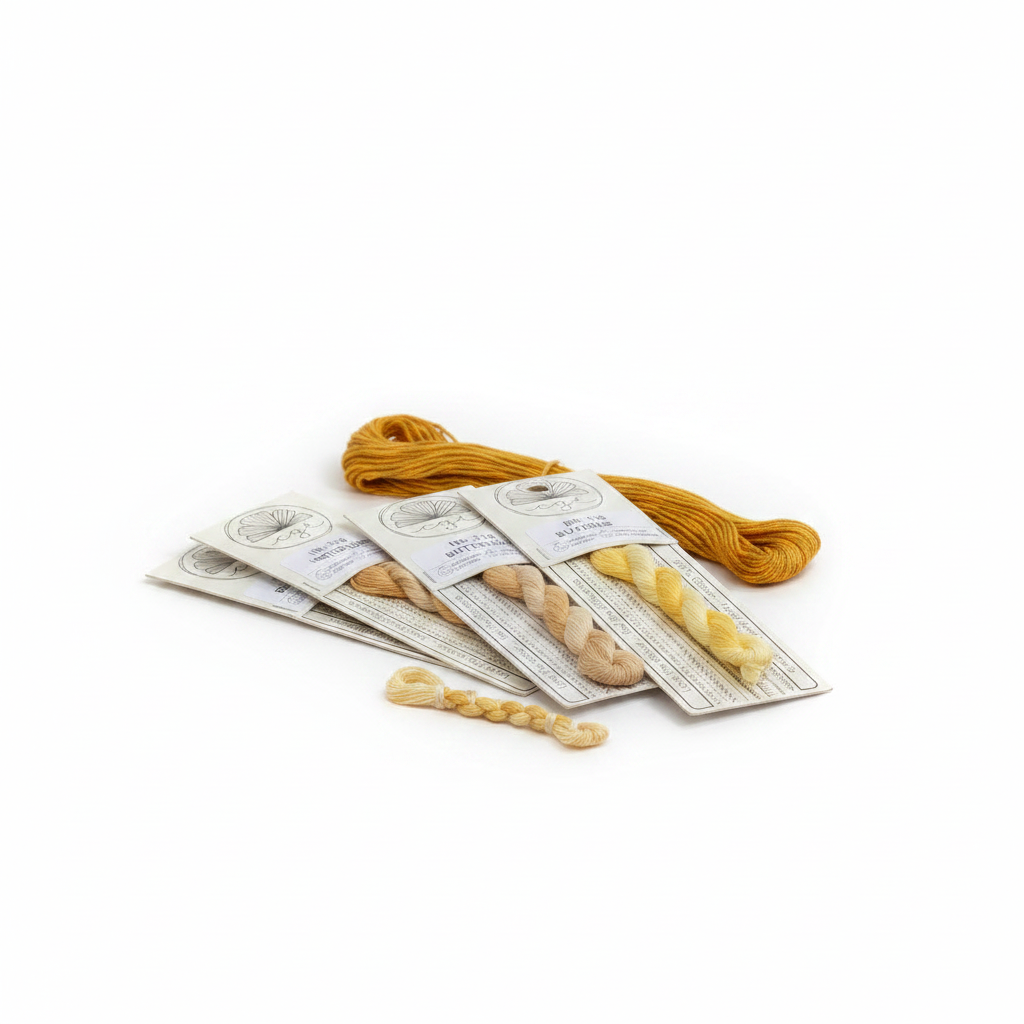 Yellow embroidery threads in floss drop card and twisted ready for use.