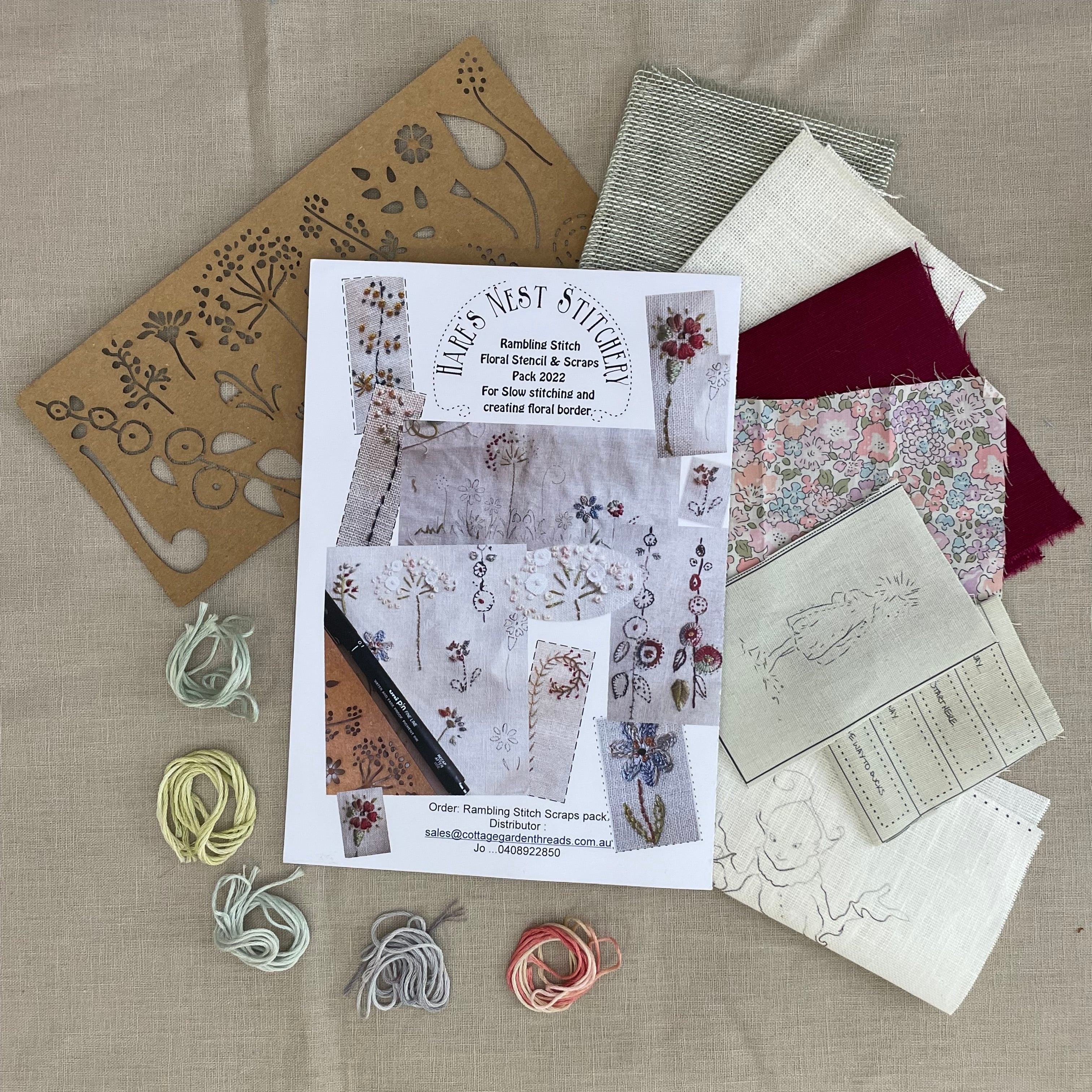 HARES NEST - RAMBLING STITCHER FLORAL STENCIL & SCRAP PACK
