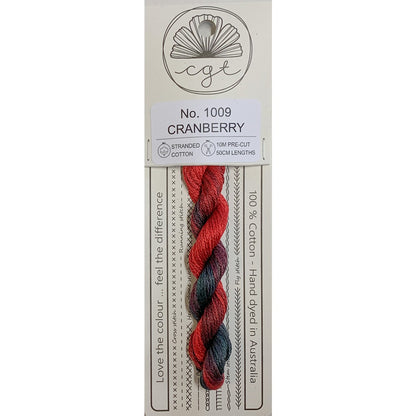 A packaged skein of yarn on a white card. The yarn is variegated in shades of red, orange, and dark gray/blue, resembling cranberry.