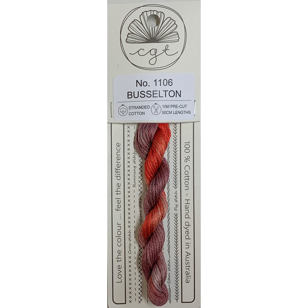 A packaged skein of embroidery floss on a white card. The brand is Cottage Garden Threads and the thread name is Busselton.
