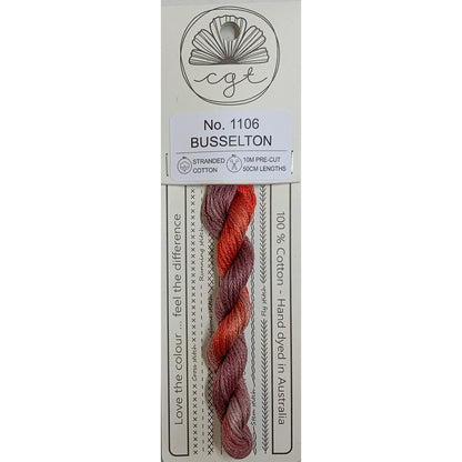 A packaged skein of embroidery floss on a white card. The brand is Cottage Garden Threads and the thread name is Busselton.