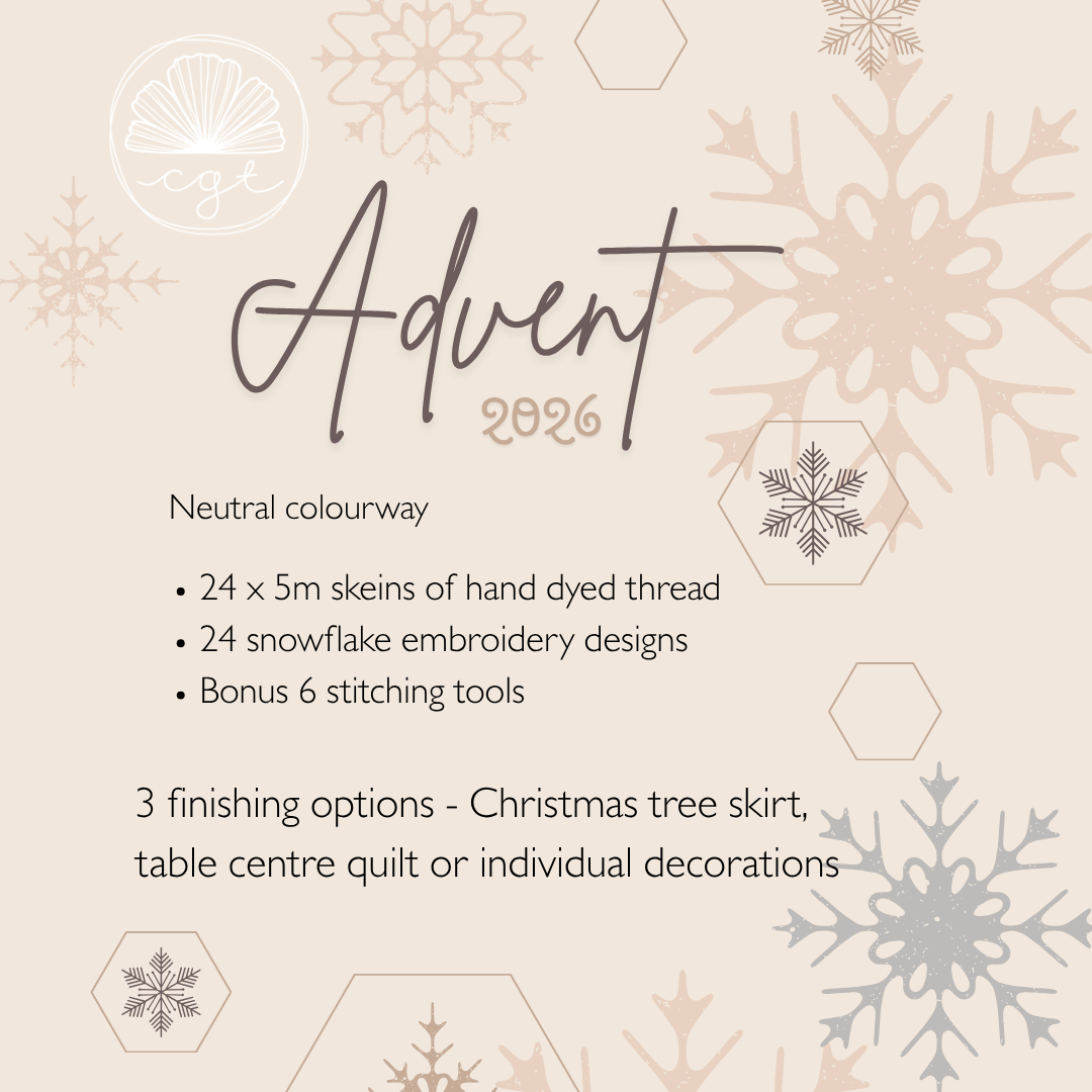 Advent 2026 promotional graphic with snowflake designs and text about hand dyed thread and embroidery kit.