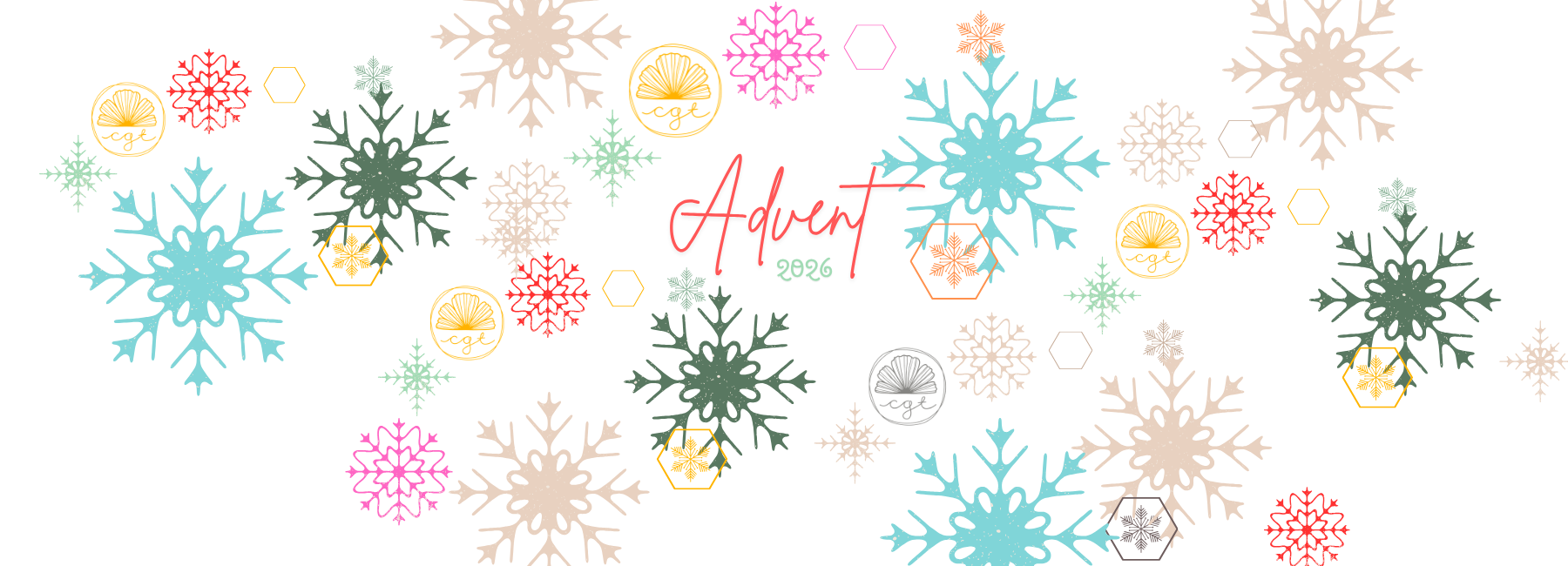 A festive winter-themed graphic with multiple snowflakes in teal, green, pink, and beige, plus small decorative icons and the word 'Advent' in red script on a white background.
