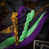 Four twisted embroidery threads in lime green, charcoal grey, vibrant purple and burnt orange.