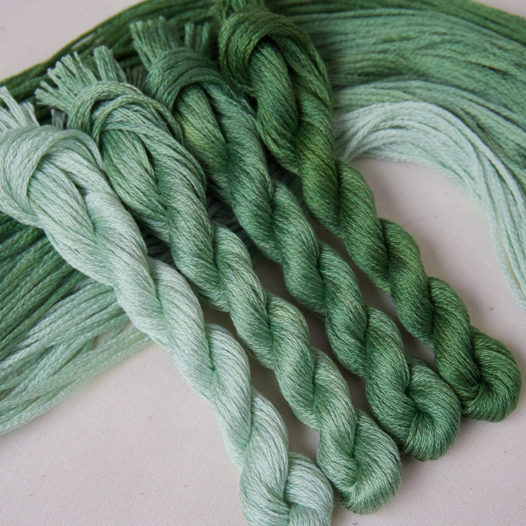 Four twisted skeins of embroidery thread from icy green to cool dark green tones.