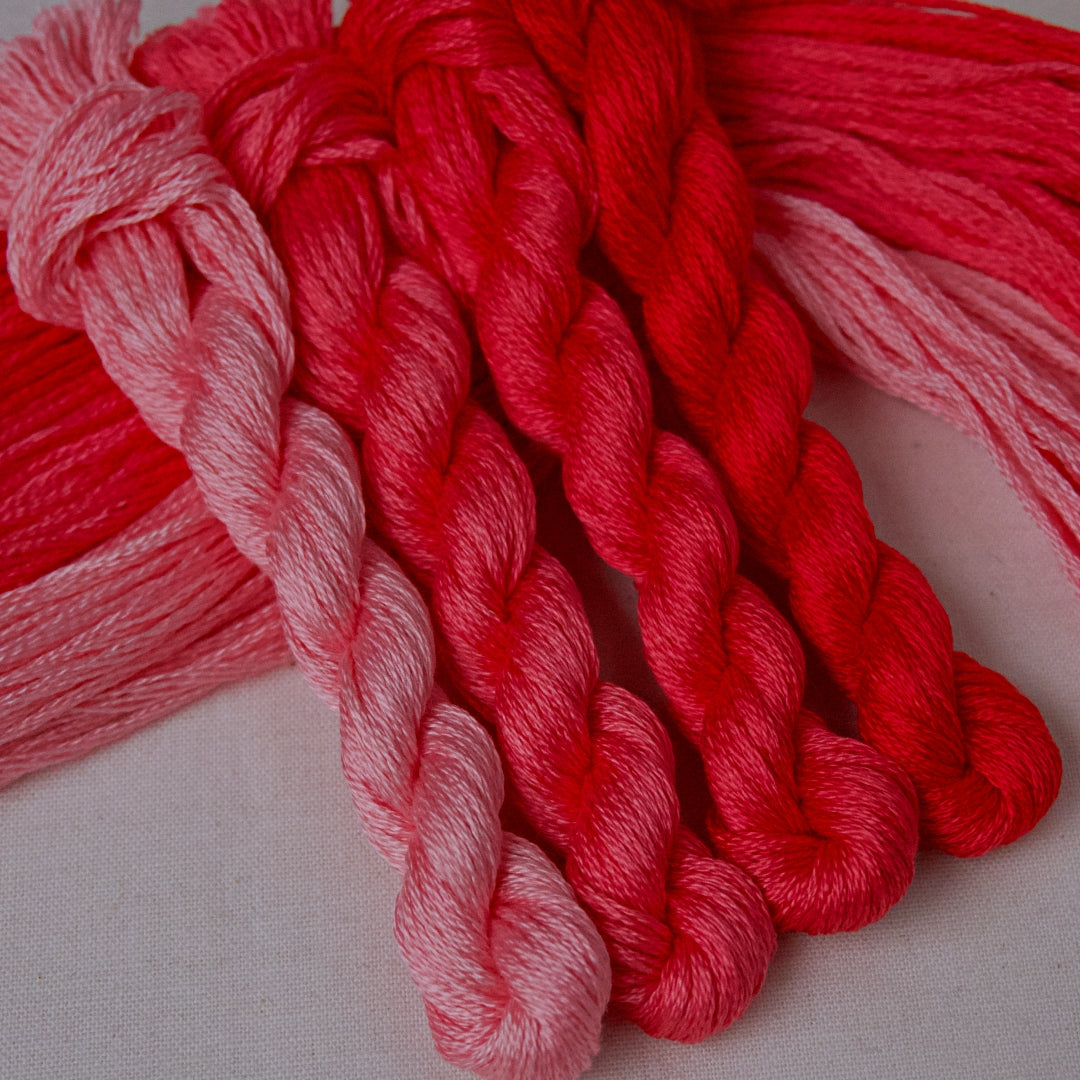An embroidery thread gradient pack in the colour Watermelon with shades from pale to dark. From Cottage Garden Threads.