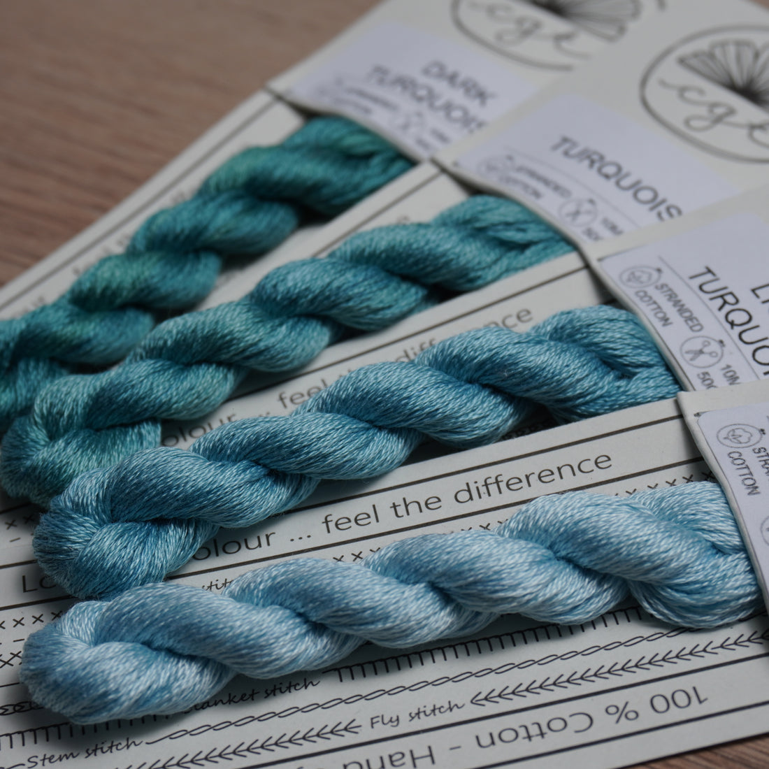Four shades of turquoise embroidery thread from Cottage Garden Threads.