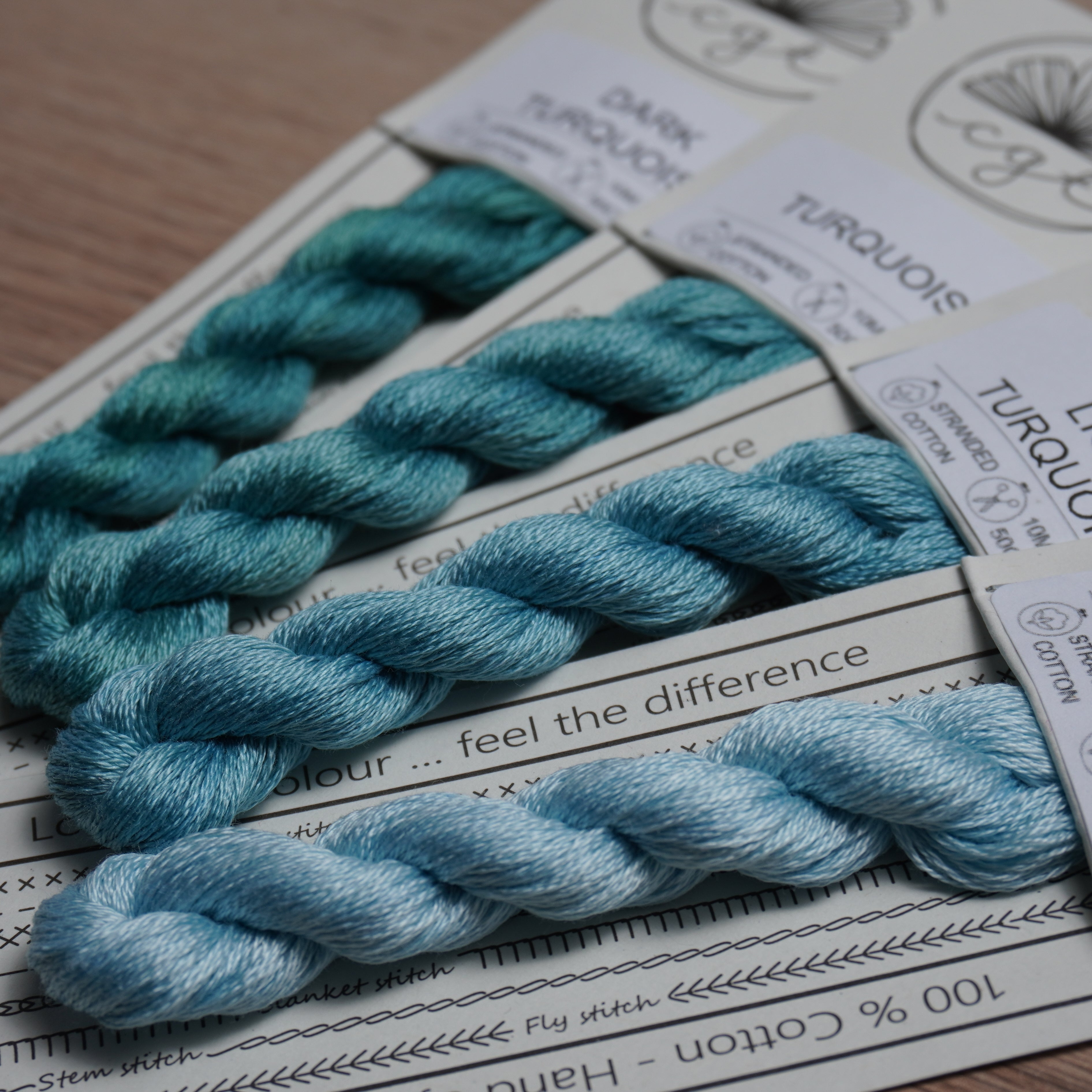 Four shades of turquoise embroidery thread from Cottage Garden Threads.