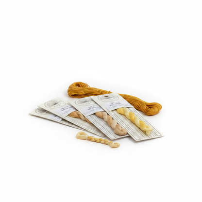 Yellow embroidery threads in floss drop card and twisted ready for use.