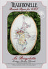 Picture of an embroidery pattern with a young woman in a floral dress holding a basket of flowers next to a bicycle in front of the Eiffel Tower.
